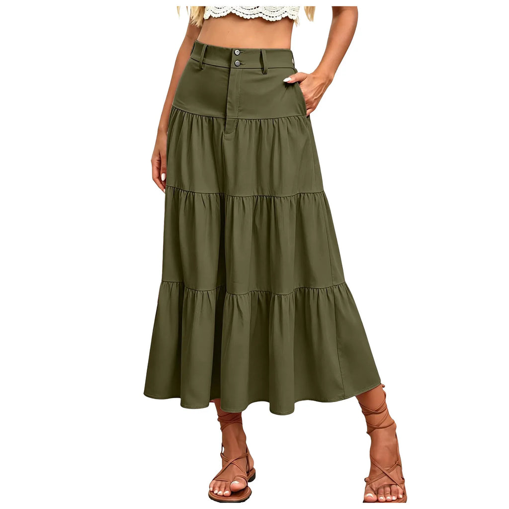 Damen High Waist Midi Mit Elastischem Bund Knopfleiste Eleganter A Linien Leichtem Material FüR Putifalda Corta Extrema Body