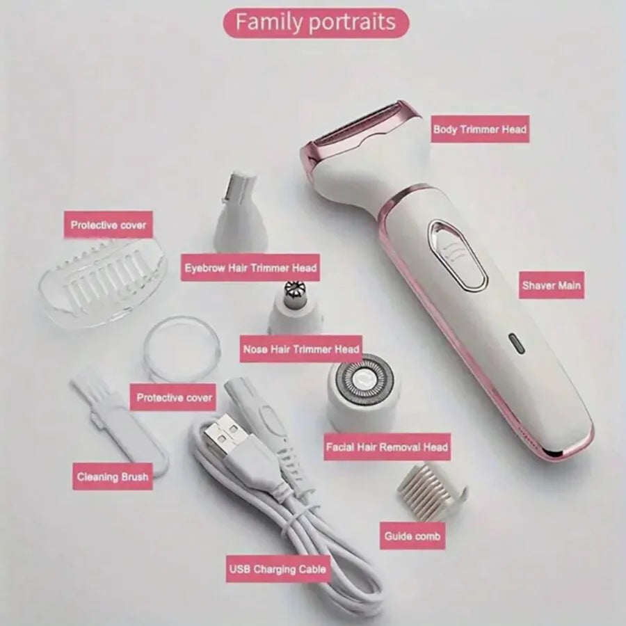 Ladies' electric shaver, 4-in-1 rechargeable beauty set, ladies' facial, nose, leg and underarm shavers, painless dry and wet sh