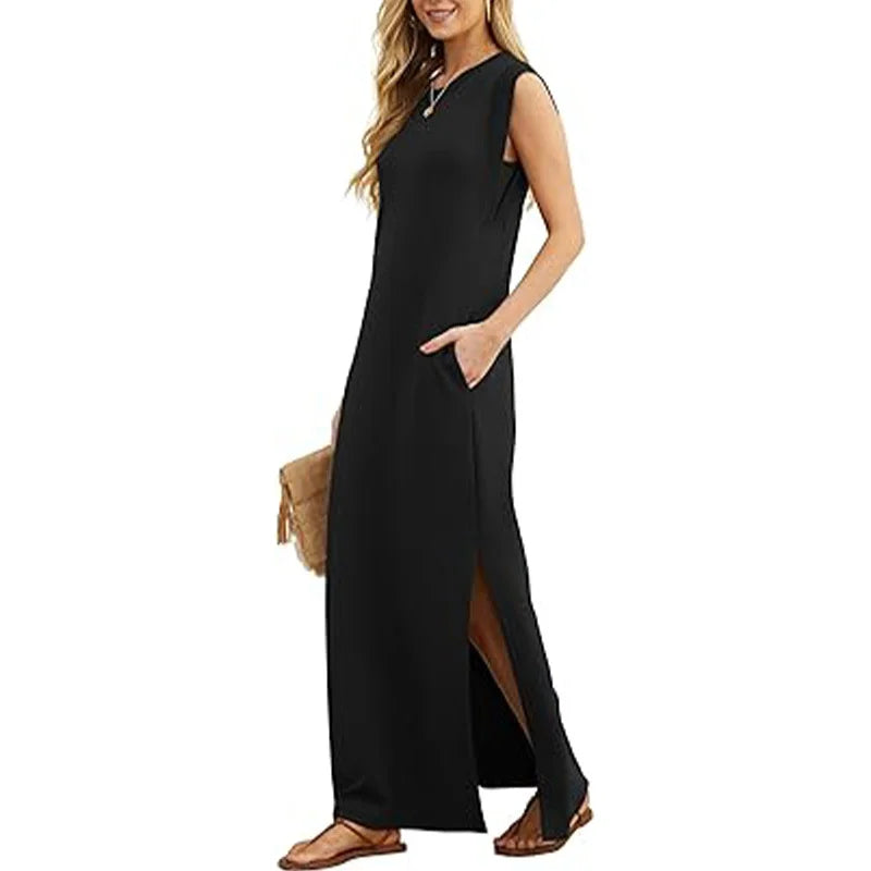 Casual Maxi Dress For Women Summer Loose Sleeveless Long Dresses Elegant Lady O Neck Solid Color Boho Beach Sundress Vestidos