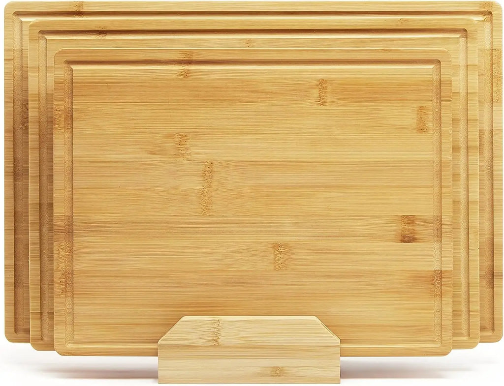 3-Piece Natural Bamboo Cutting Boards Set with Stand | Kitchen Chopping Boards 43x30cm/38x28cm/33x25cm,Deep Juice Grooves,Dishwasher Safe,Knife Friendly