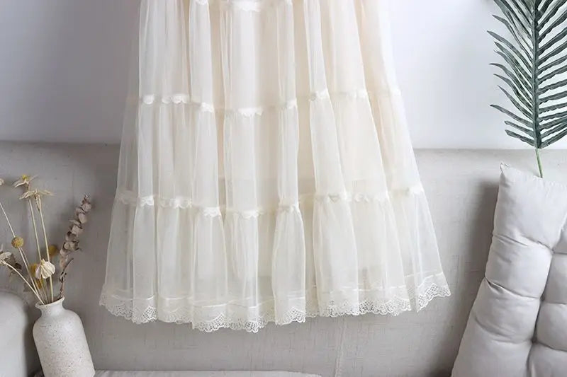 Sweet Lace A-Line Half Skirt Women's Spring Summer New Style Elastic Waist Slimming Cake Skirt High Waist Polyester Fiber
