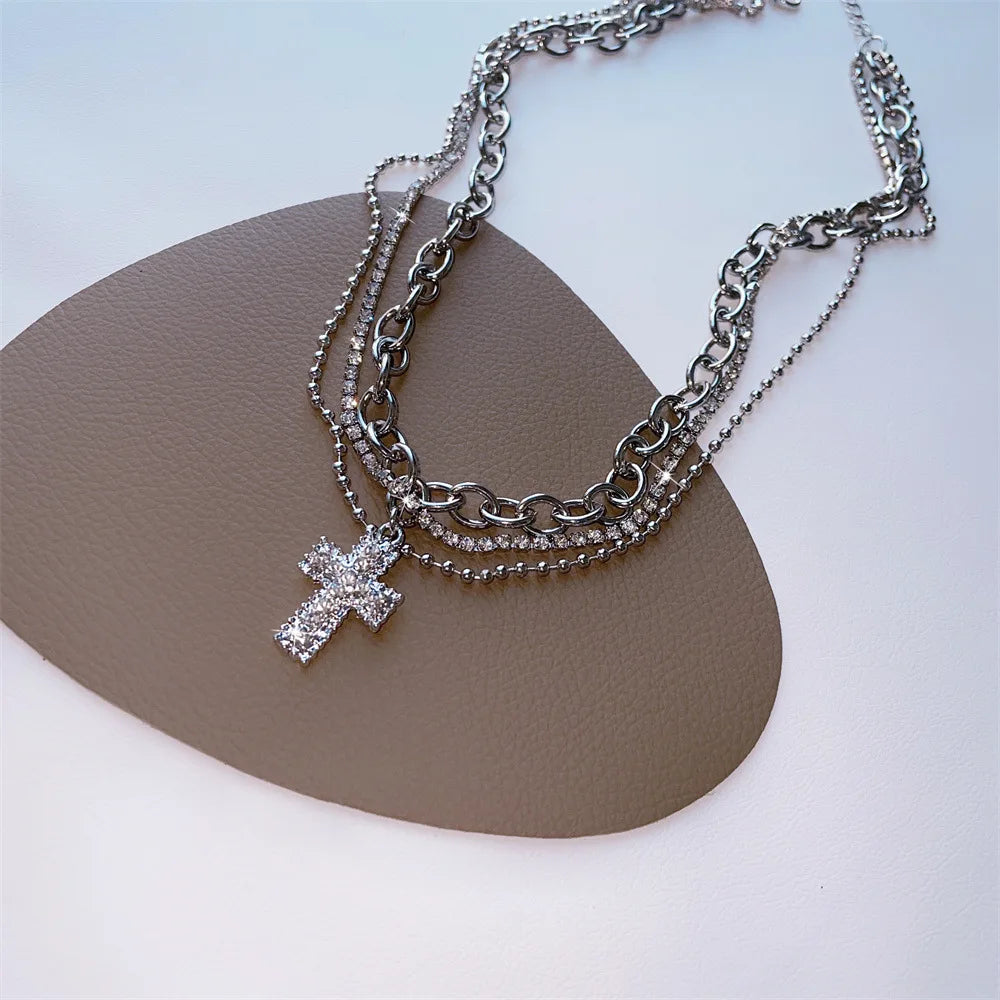 Punk Zircon Cross Pendant Necklace for Men Women Spicy Girl Sweet and Cool Style Multi Layered Necklace Gothic Jewelry Gifts
