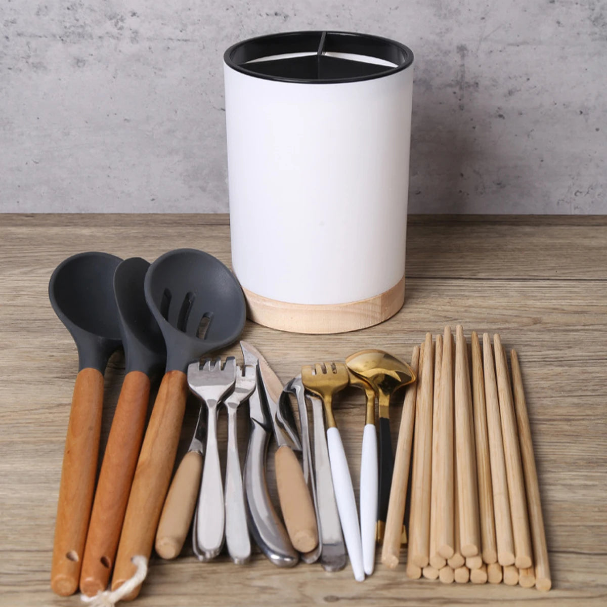 Cubo de almacenamiento de vajilla de cocina, soporte para utensilios, escurridor de cubiertos, estante de almacenamiento de palillos y cucharas de plástico, desmontable con 3 divisiones