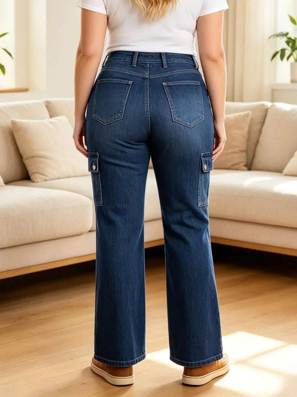 【HME】Jeans | Retro Y2K Flare Denim Pants For Women, Mid-Rise Cargo Denim Jeans With Large Front Patch Pockets, Decorative Belt Loops & Side Flap Pockets, Medium Wash Casual Pants For Street Fashion Looks