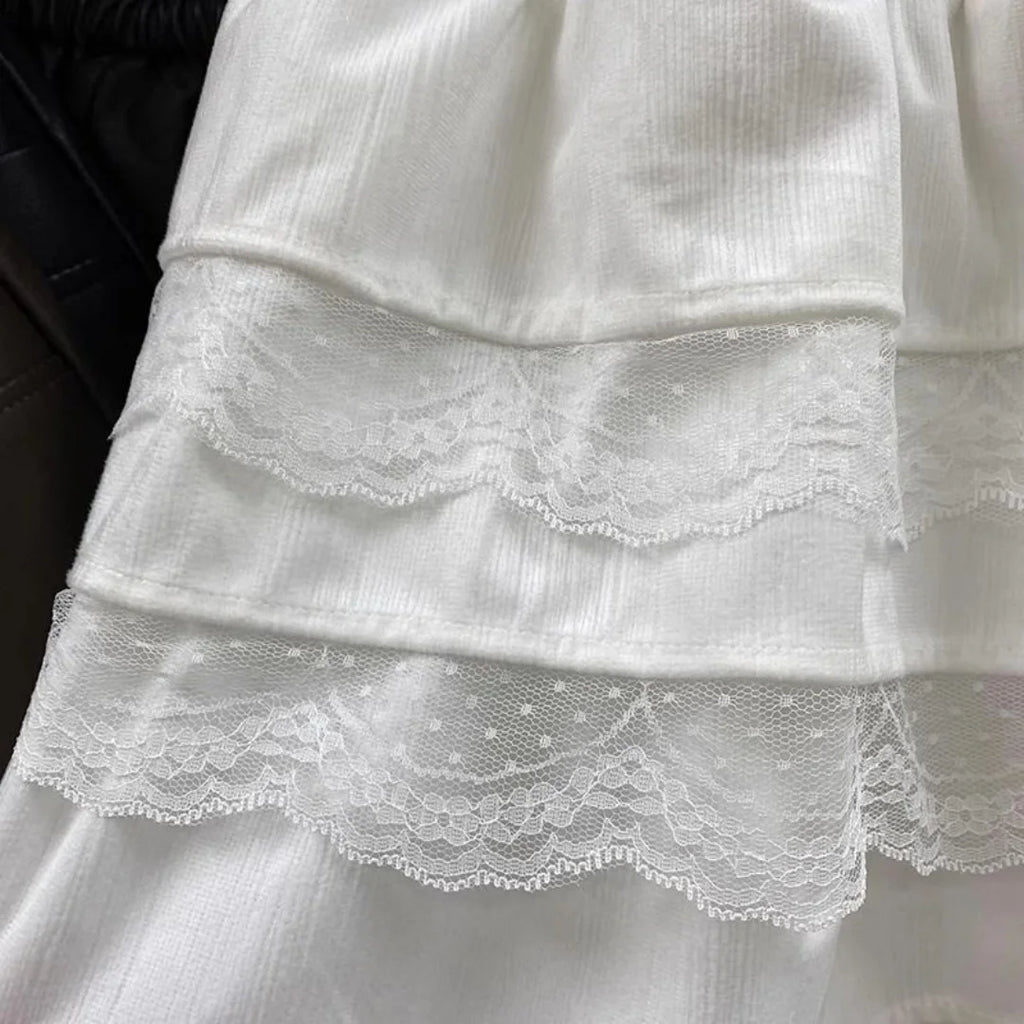 Japanese Y2k Cute Ruffled Plaid Skirt Subculture White Lace Cake Skirts Preppy Casual New Women Princess Puffy Skirts Mini Skirt