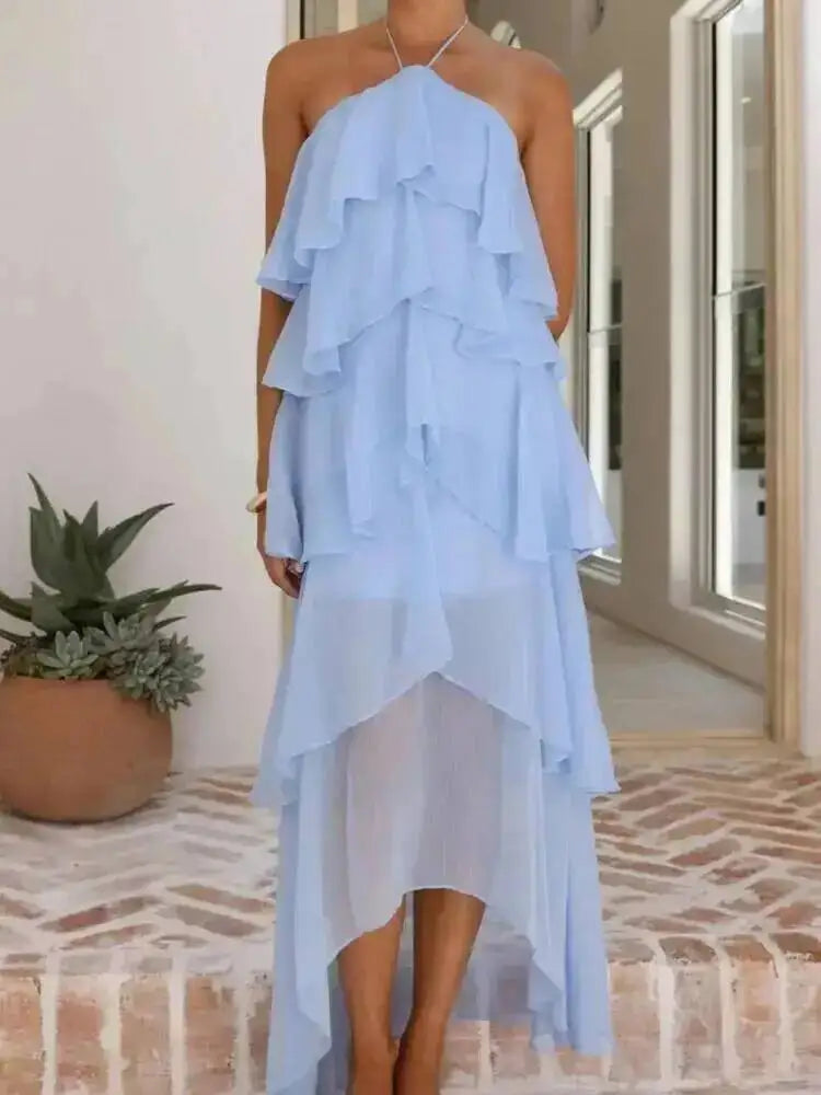SHENGPALAE Women Maxi Dress Halter Cold Shoulder Chiffon Floral Elegant Party Ruffled Layered Irregular Summer 2026 New 05E02862