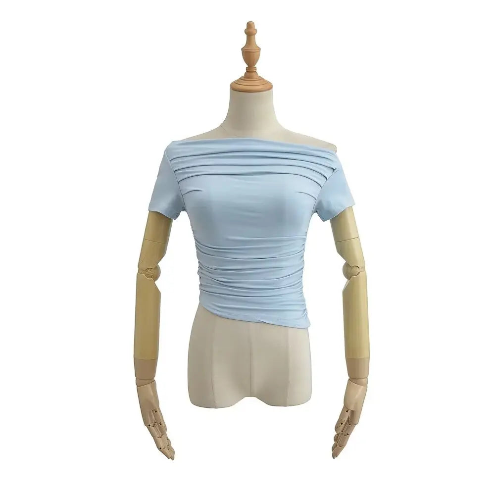 Sexy Spicy Girl Short Sleeve Slim Fit Pleated One Shoulder Base Shirt Street Snap Popular Thinming Street Snap Top for Summer