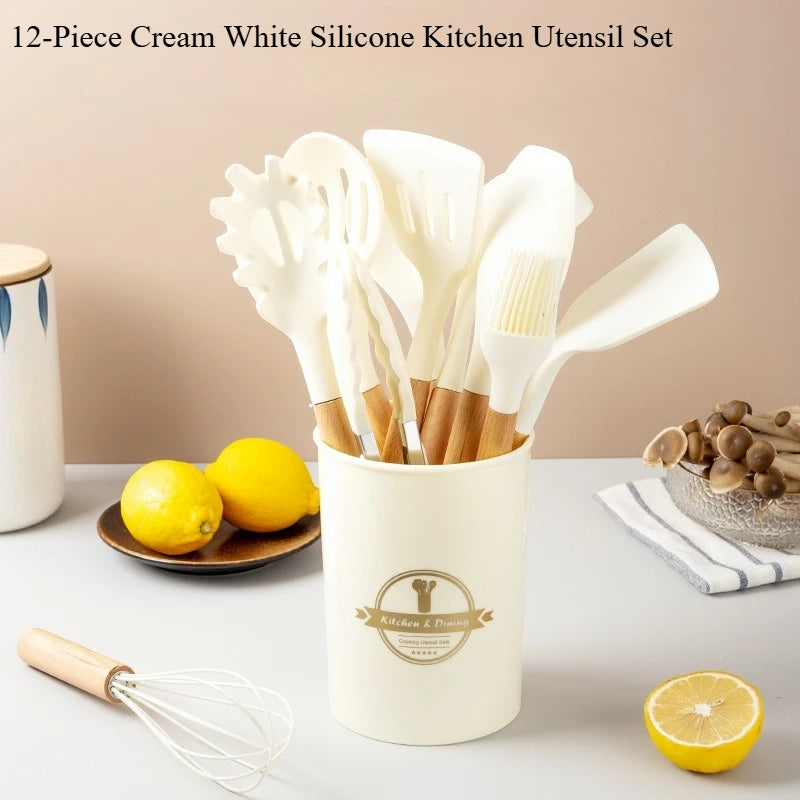 2/12Pcs White Silicone Kitchen Utensils Set with Wooden Handle,Cookware Spatula, Heat Resistant Non-stick Kitchen Cooking Tools
