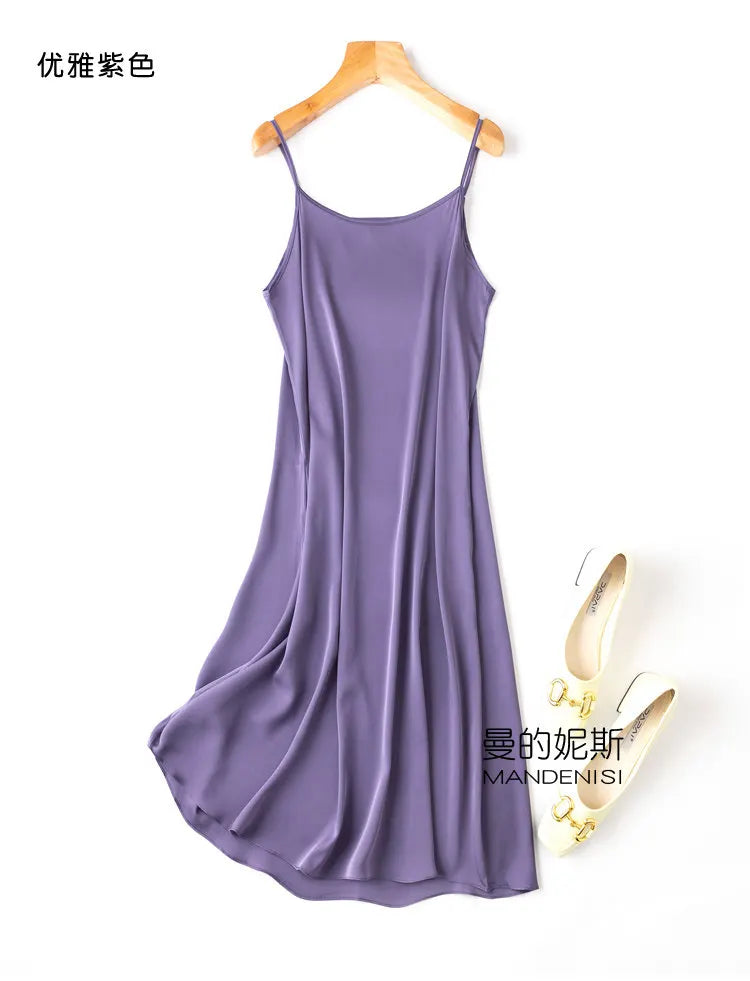 Tcyeek Women Silk Dress 93%Silk 7%Spandex Spaghetti Strap Mid Dresses 2024 Summer New Clothes Blue