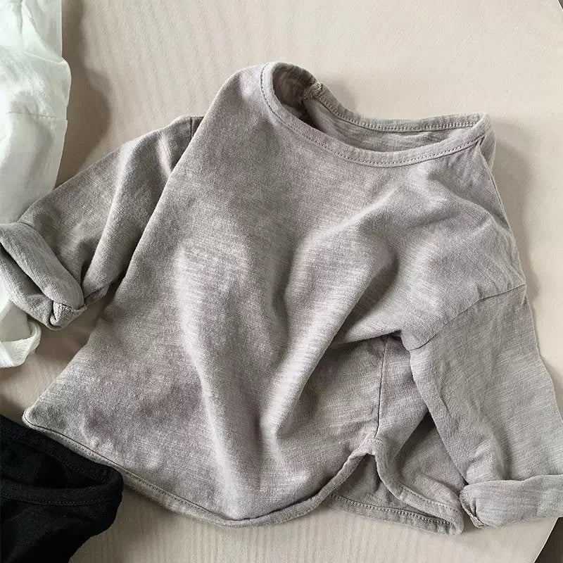 Kids' Unisex Solid Long Sleeve Cotton Blend Pullover T-Shirt
