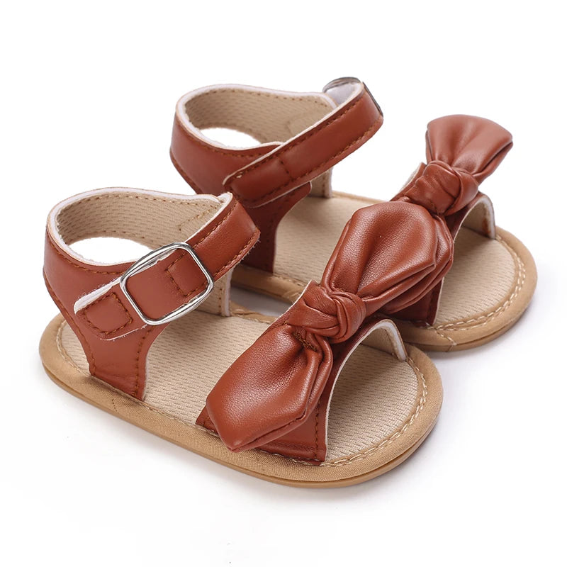 Baby Girls' Brown Leather Sandals - Soft Rubber Sole, 0-18 Months