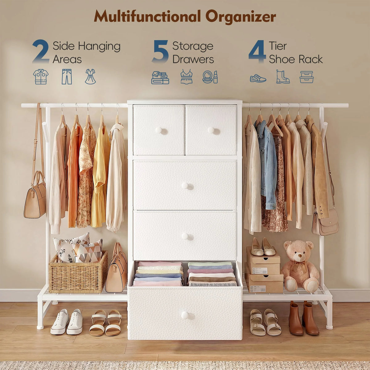 3-in-1 Dresser & Hanging Rack – 57.8" Wide with 5 Drawers & Shoe Rack, Side Hooks for Bedroom Storage and Walk-in closet