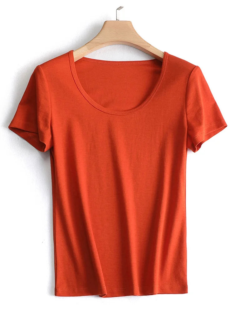 SuyaDream Women's Silk Acetate Blend Knit T-Shirt - Square Collar
