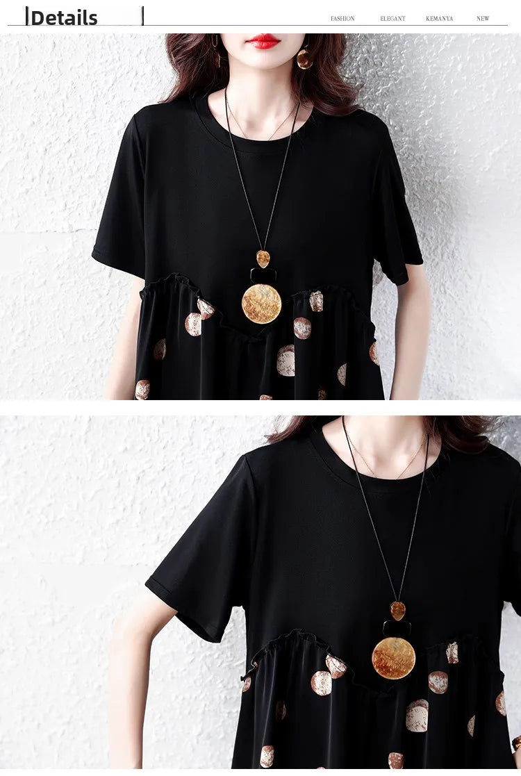 Summer New plus Size Polka Dot Dress Color Block Loose Fitting Slimming Effect Casual Commute Style Women's Dress