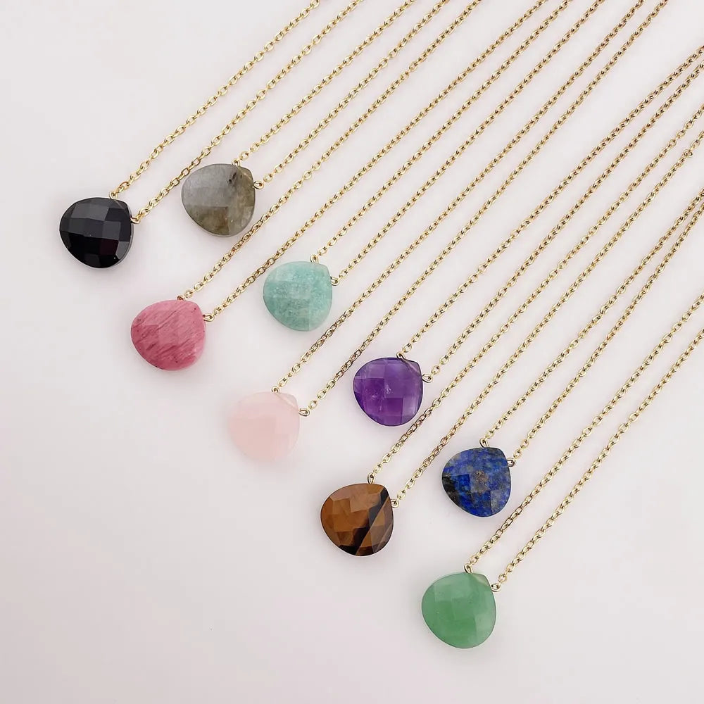 Korean Natural Crystal Pendant Necklace for Women Triangle Water Drop Real Amethysts Roses Quartz Steel Chain Crystal Necklace