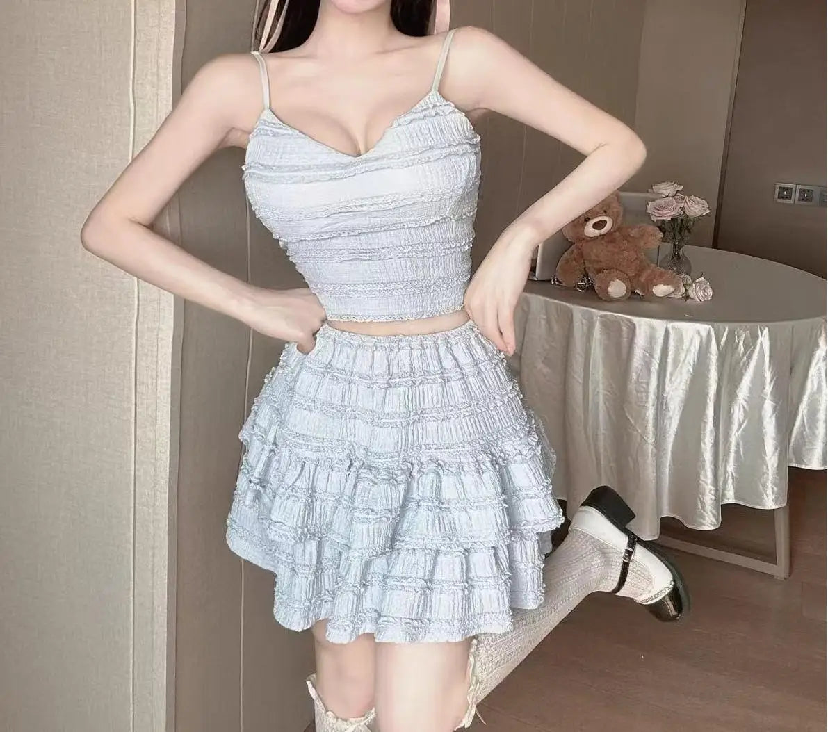 Ballet Style Puffy Short Skirt Women Summer Lace Crop Top Design Sensation Half Skirt Pure Desire Sweet And Spicy Set