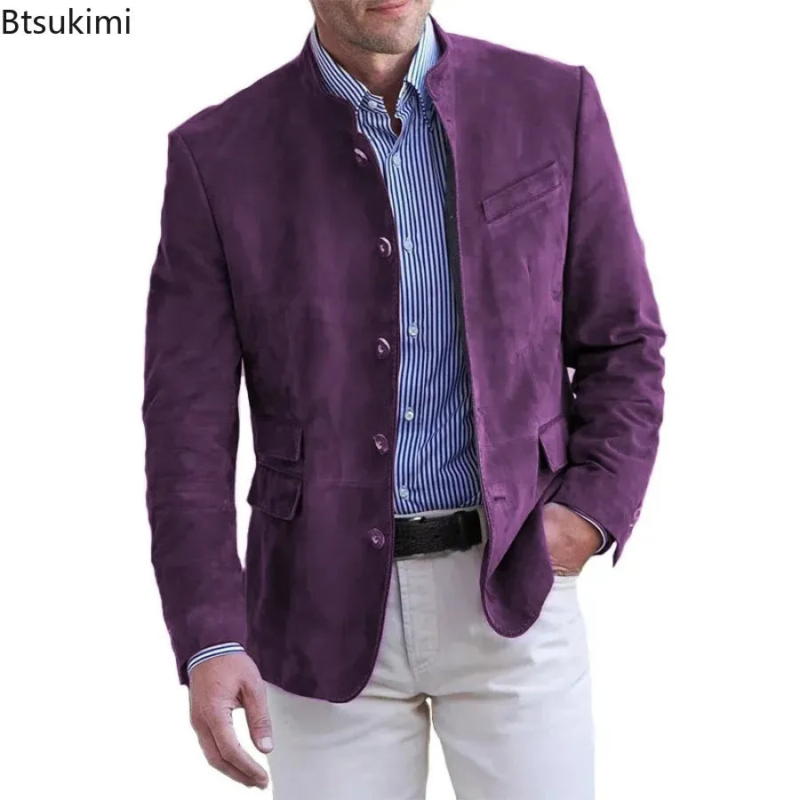 New Men's Business Casual Suit Jacket Autumn Winter Fashion Commuter Daily Basic Blazer Solid Stand Collar Jacket Men's Clothing