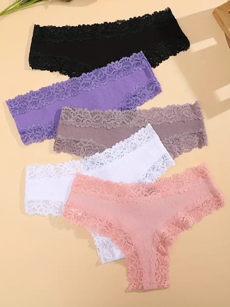 Women's Cotton Panties 5Pcs Set Floral Lace Patchwork Soft Breathable Comfort Underwear For Women Lingerie