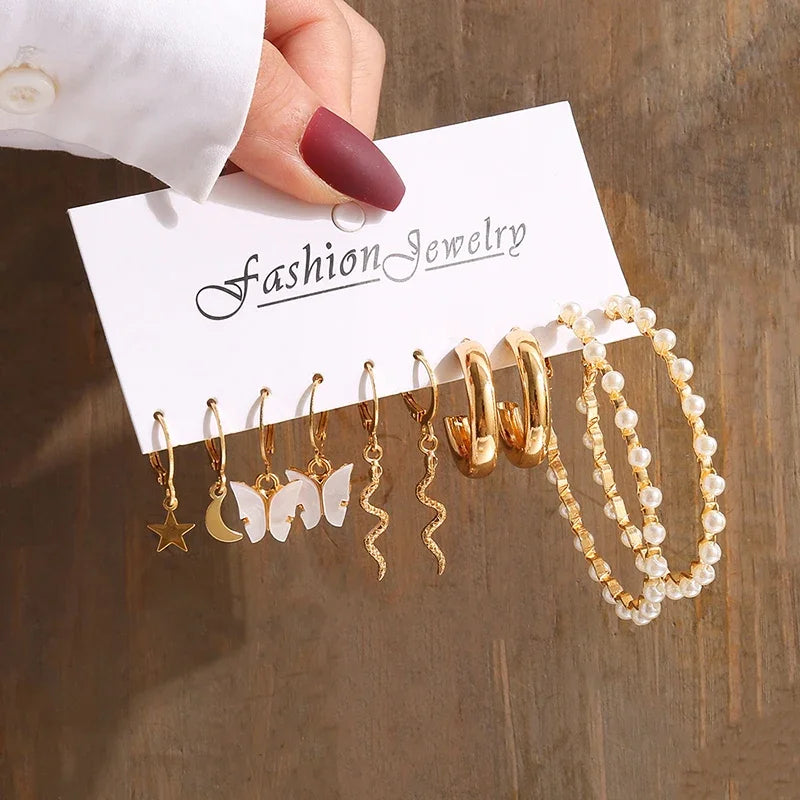 New Gold Color Vintage Geometry Pearl Earrings Set Metal Twine Square Dangle Earring Round For Women'S Trendy Jewelry