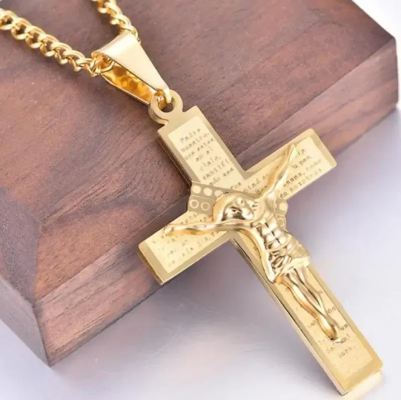 Jesus Christ Cross Mens Necklace Gold Color Cross Religious Pendant Necklace Accessory Chain Accessories