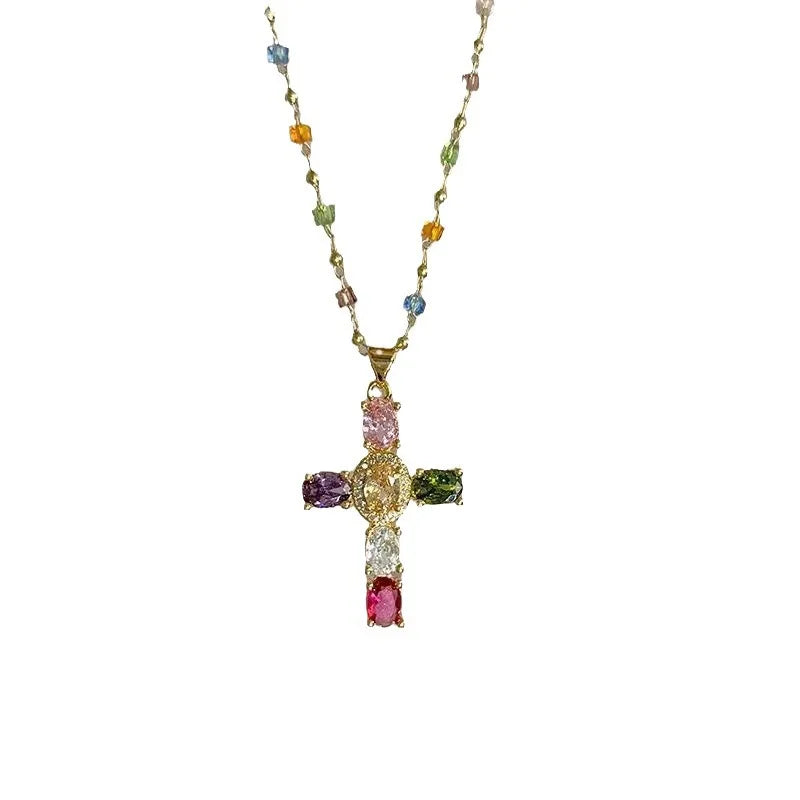 Fashion Colorful Zircon Cross Pendant Necklace For Women Stainless Steel Silver Color Charm Religious Necklaces Jewelry