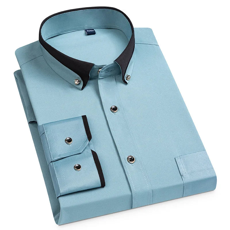 For Men'S Business Dress Shirts Male Formal Button-Down Social Collar Camisa Social Elastic Anti-Wrinkle Casual Men Shirt Pocket