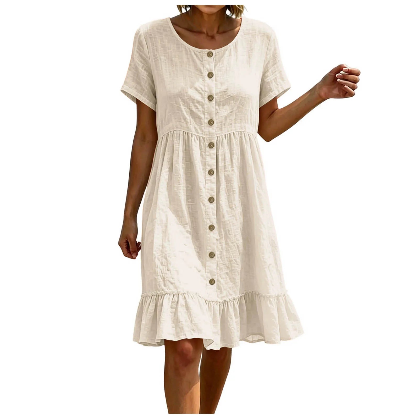 Women Casual Summer Dress Round Neck Front Button Down Short Sleeve Loose Midi Dress Solid Ruffle Hem Beach Cotton Linen Dreses