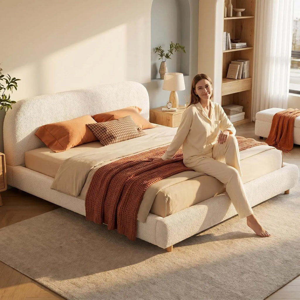 White Queen Size Boucle Bed Frame, Upholstered Cloud Beds Frames with Headboard, Soft Platform Bed Frame with, Customized
