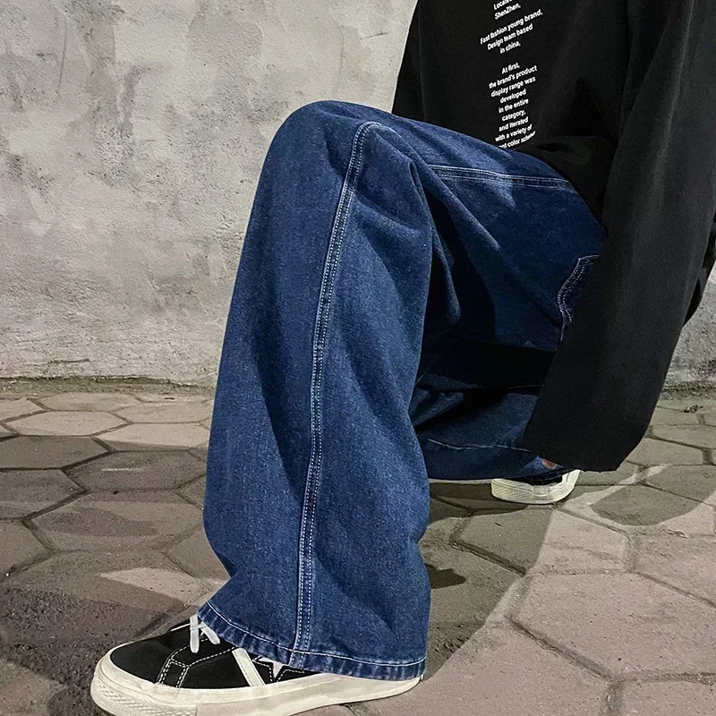 2026 New Streetwear Loose Jeans Men Korean Style Fashion Loose Straight Wide Leg Pants Men's Brand Clothing Black Light Blue