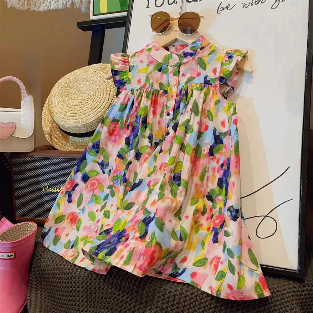 Girls' Floral Ruffled Sleeveless Dress | Casual Summer A-Line