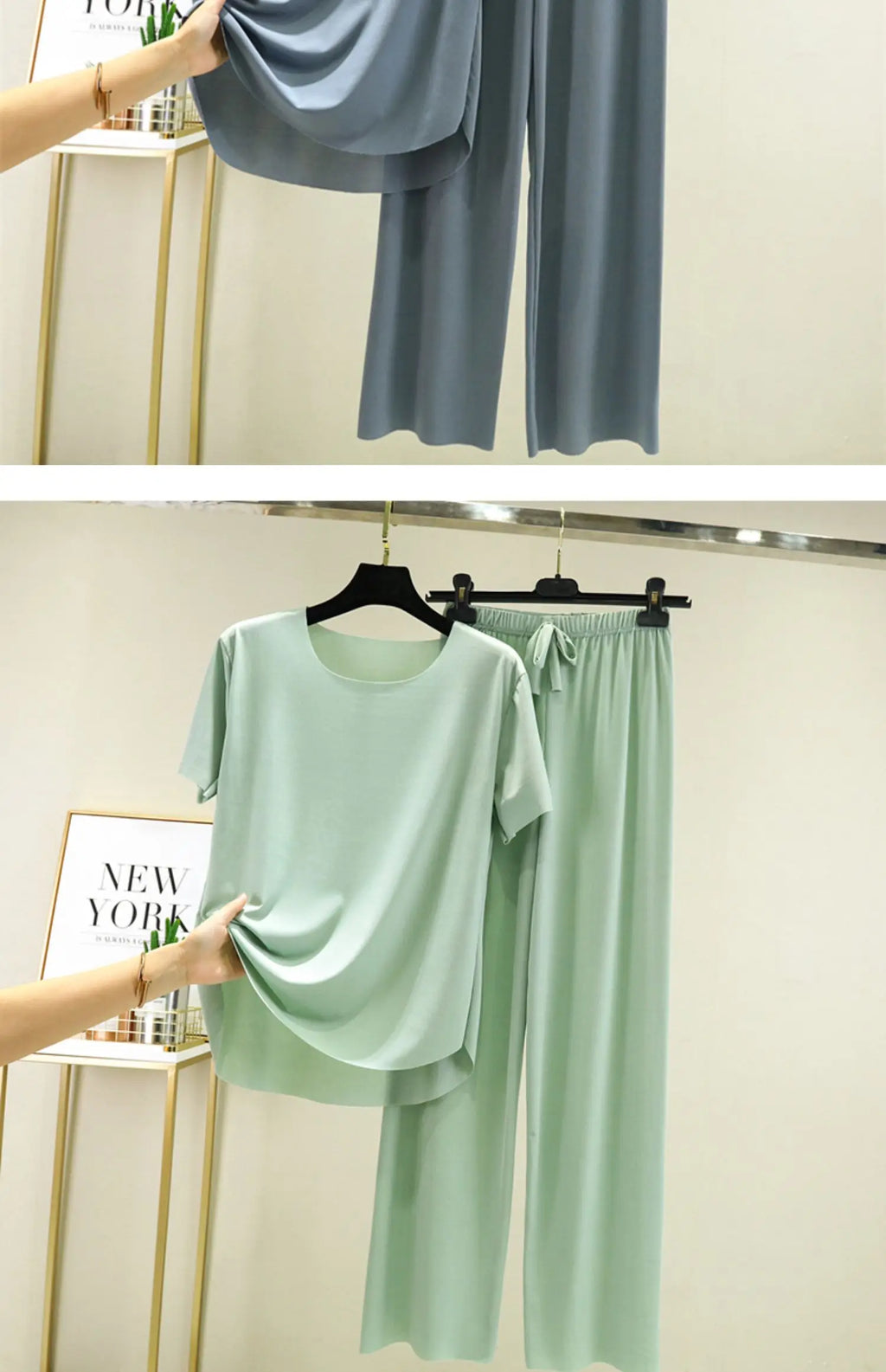 Women's Ice Silk Two-Piece Set - Round Neck T-Shirt and Loose Pants