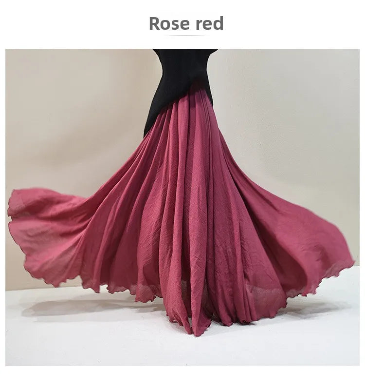 New In 2026 Spring Summer Woman Cotton Linen Midi Skirt Solid Color Loose Flared Pleated A-line Skirt Female Sweet Elegant Skirt