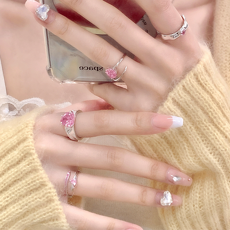 2025 Kpop Pink Zircon Heart Open Ring for Women Girls Luxury Blue Opal Heart Couple Finger Rings Wedding Y2K Jewelry