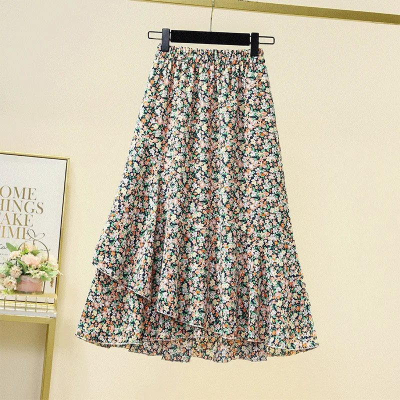 High Waist A-Line Floral Print Skirt Conceals Hip plus Size Women's Casual Long Skirt Comfortable Polyester Fabric Summer New...