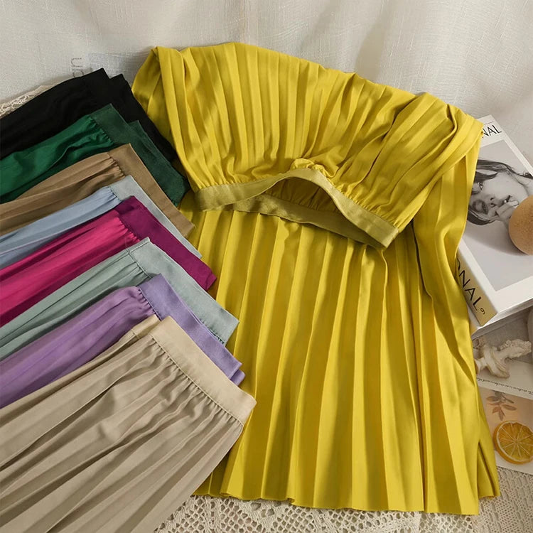 2026 Elegant High Waist Pleated Skirt for Women Mid-long Midi Skirt Female High Quality Black Saia