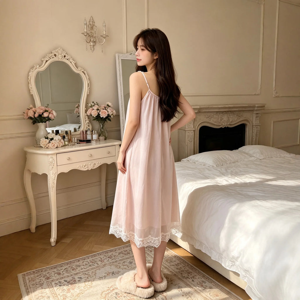New Lace Sweet Cute Skin Friendly Breathable Comfortable Camisole Nightgown Women Summer Thin Mesh Sleepwear Princess Long Dress