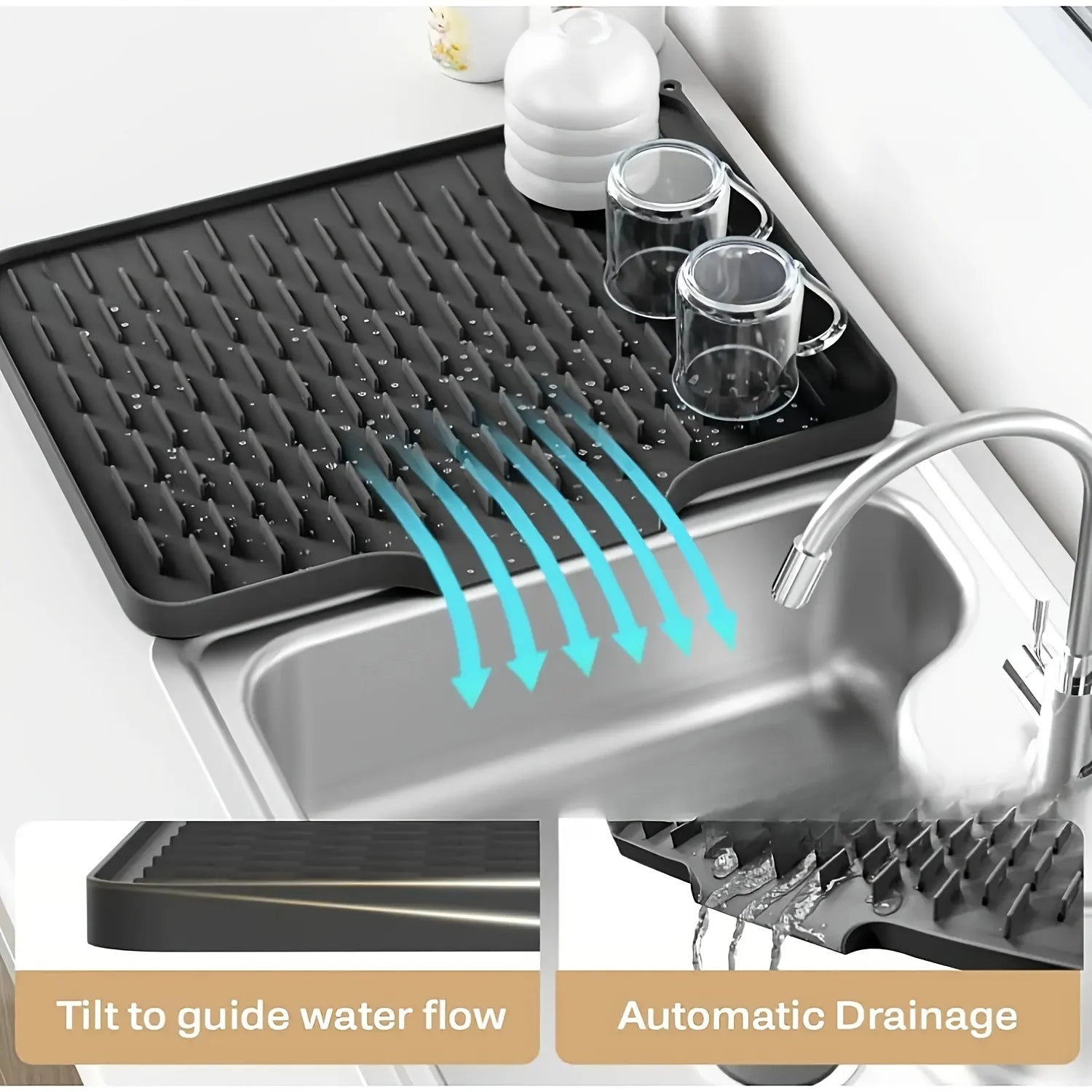 Tapete de silicona para cocina con diseño de drenaje incorporado, fácil de limpiar, adecuado para encimeras, fregaderos, refrigeradores