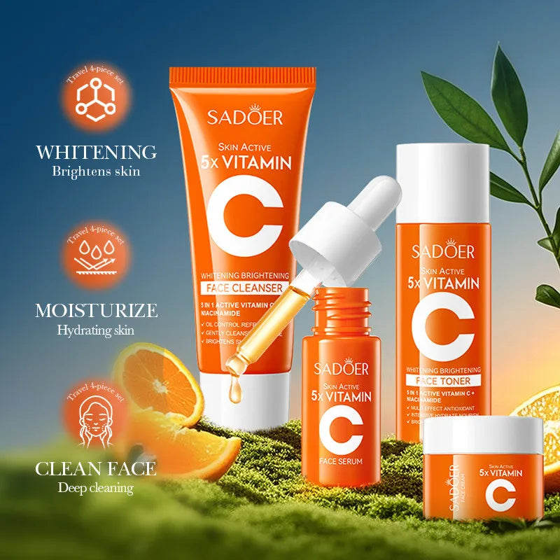 4pcs/box SADOER 5x Vitamin C Kit Whitening Moisturizing Travel Set(Facial Cleanser, Toner, Serum, Face Cream）