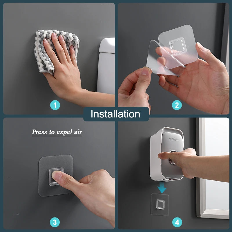 MENGNI Dispensador de pasta dental montado en la pared, exprimidor de pasta dental para baño sin perforaciones, soporte para cepillos de dientes, funcionamiento manual