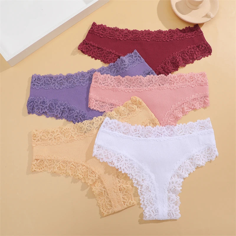 Women's Cotton Panties 5Pcs Set Floral Lace Patchwork Soft Breathable Comfort Underwear For Women Lingerie