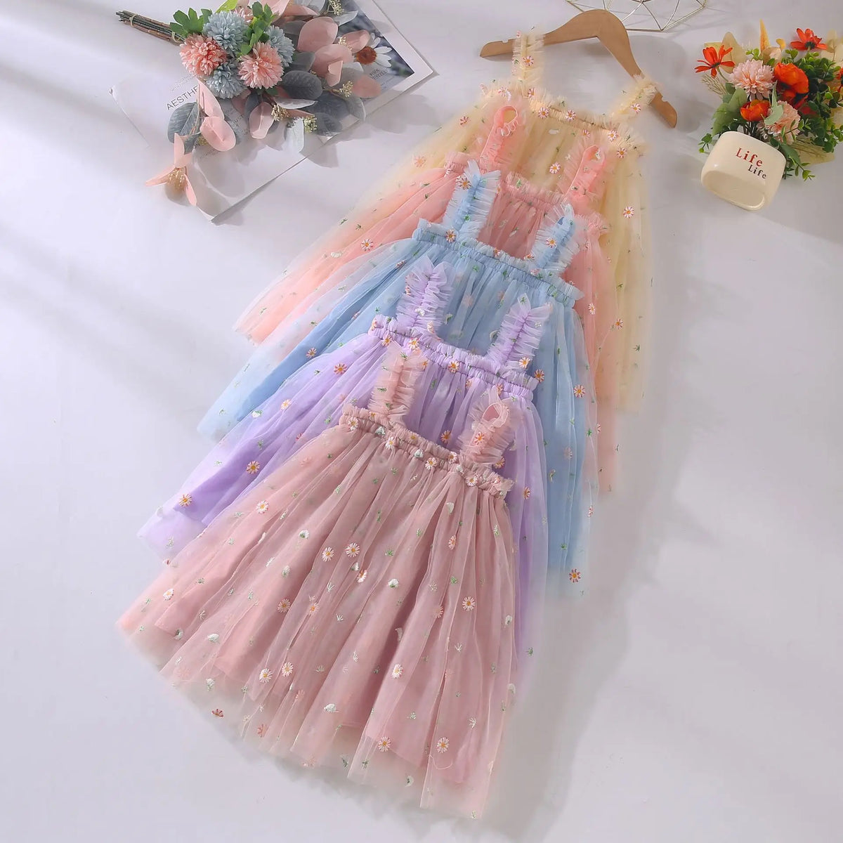 Girls' Summer Dress New Style Children's Baby Girl Fashionable Summer Thin Strap Princess Mesh Dress