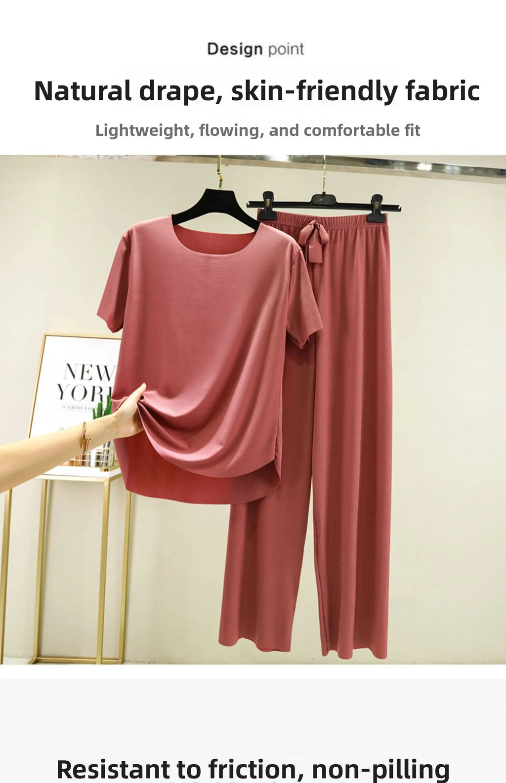 Women's Ice Silk Two-Piece Set - Round Neck T-Shirt and Loose Pants