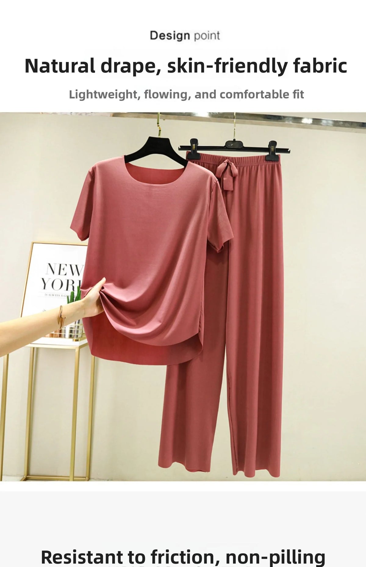 Women's Ice Silk Two-Piece Set - Round Neck T-Shirt and Loose Pants