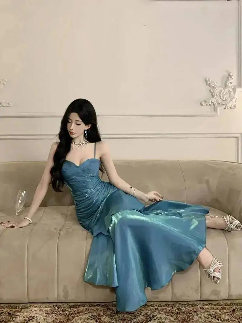 LGRQ 2026 Summer Blue Niche Strap Dress Fishtail Elegant Long Dresses Solid Color Female Elegant Party Gown 19DA2013
