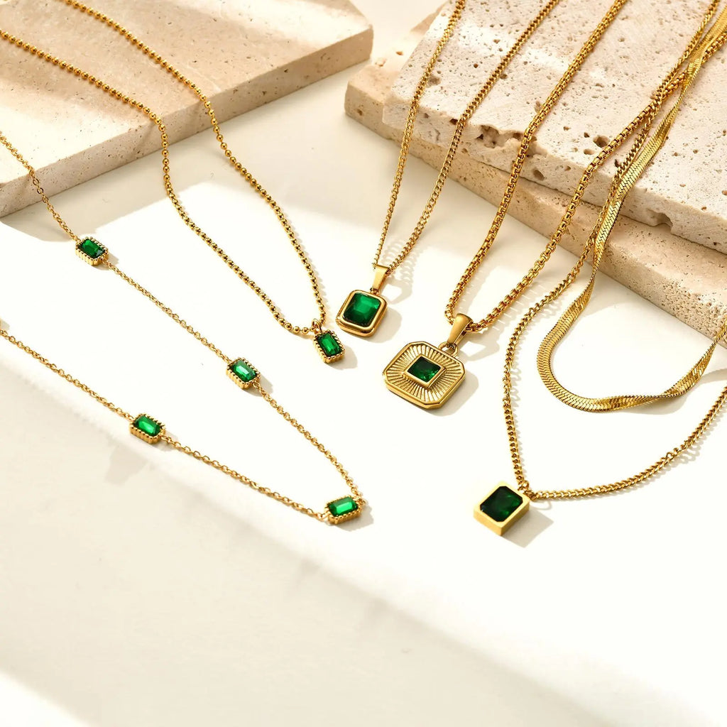 Retro Green Zircon Pendant Necklace For Women'S, Crystal Stone Chain Stainless Steel Gold Plated Luxury Birthday Gifts