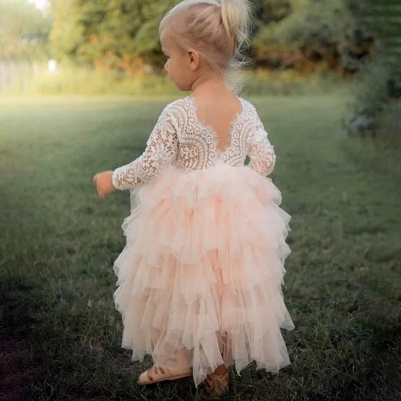 Princess Girls Festival Dress for 6m To 13 Years Old Elegant Flower Girl Vacation Layered Dress Lace Backless Evening Dresses