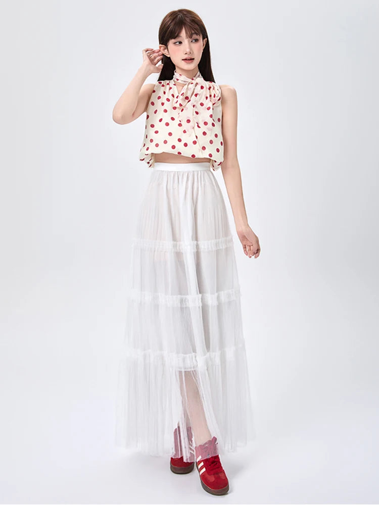 Women's Skirt Spring Summer Tiered Tulle High Waist Ruffle Hem A-Line Pleated Maxi Layered Mesh Cake Skirt Female Faldas SK120