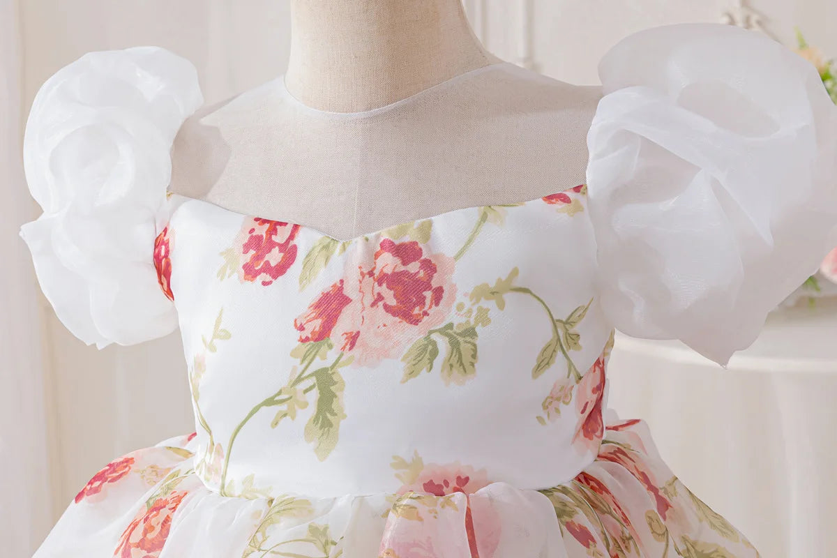 HETISO Girls Floral Chiffon Dress Korean Style Casual Birthday Gown White One-piece Summer Dress for Kids 2-10 Years