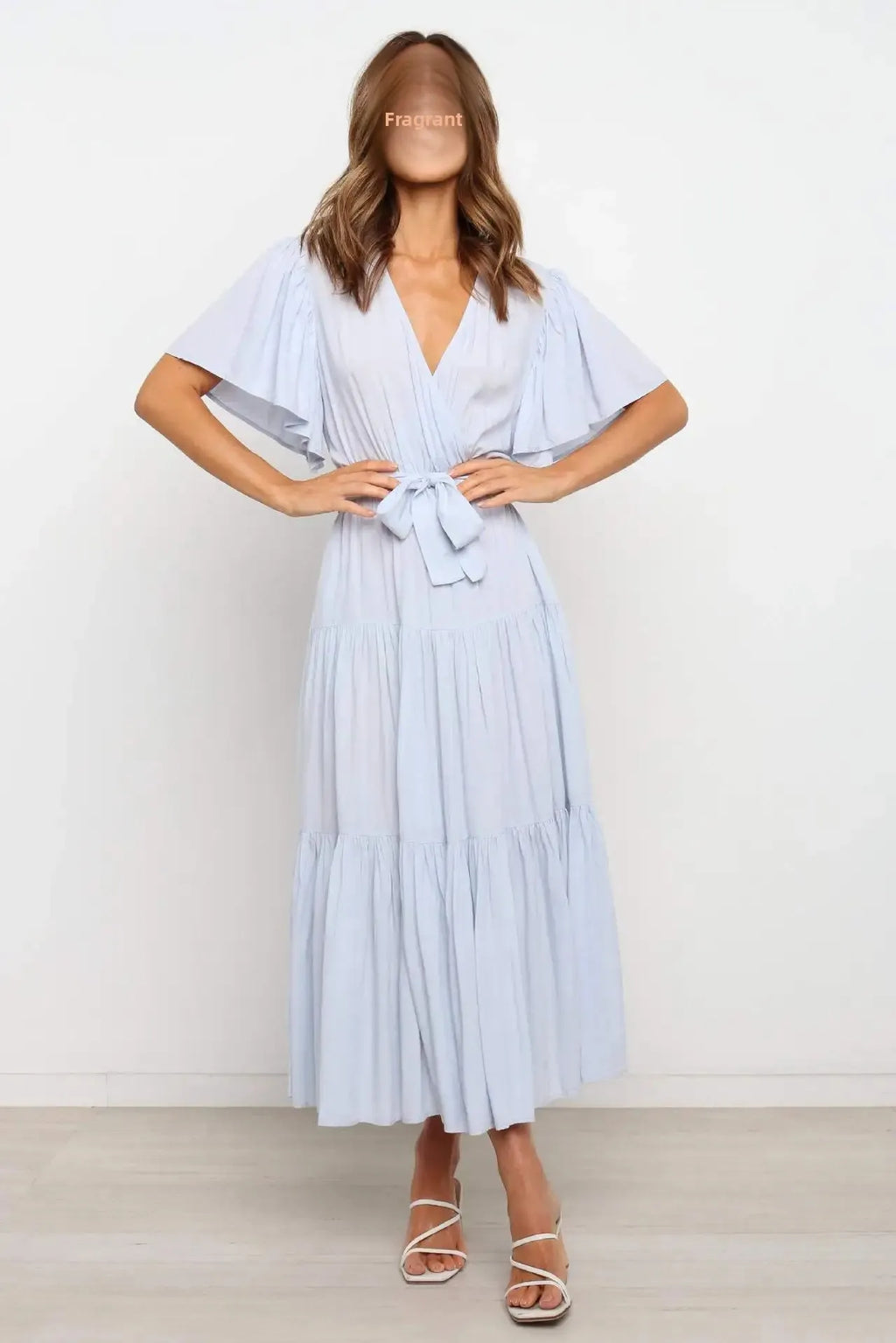 Summer Bohemian Long Dress Pure Color V-Neck Short Sleeve Empire Waist Design Floor Length with Belt Loose Fit Women's Dress