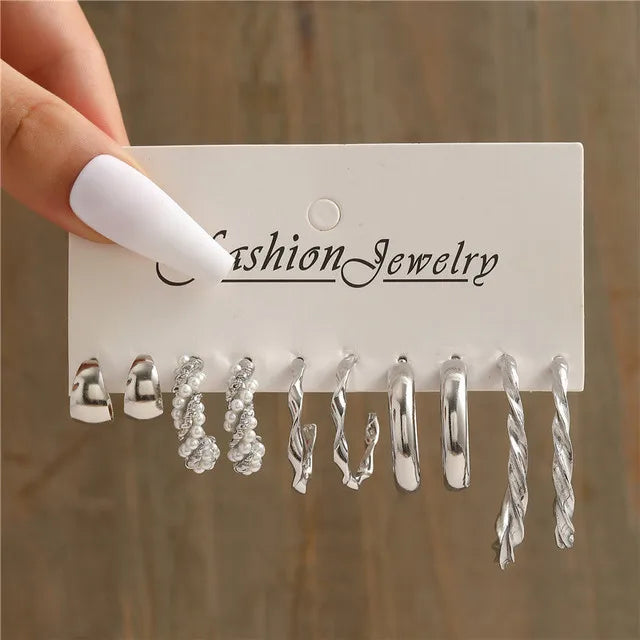 Silver Color Pearl Twist Hoop Earrings Set For Women'S Jewelry Pendientes Vintage Circle Geometric Dangle Earrings Trendy Gifts